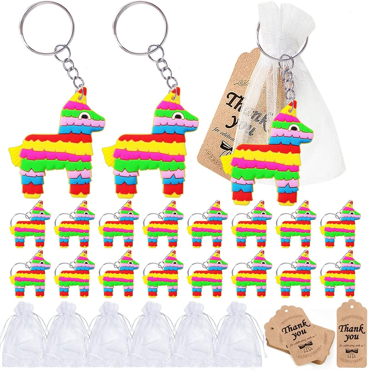 60 Pack Mexico Donkey Party Favor Set – 20 Donkey Keychains, 20 Kraft Thank You Tags & 20 Gift Bags – Mexican Fiesta Cinco de Mayo Birthday & Bachelorette Party Supplies – Perfect for Mother's Day Card Making Displays